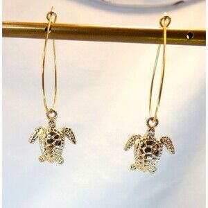Long Gold Sea Turtle Dangle Earrings  Minimalist Sea Creatures Turtle Charm